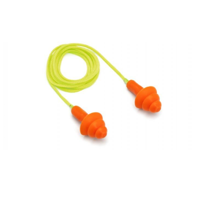 Reusable Corded 3 Flange Orange Thermoplastic Rubber Earplugs (50 Pair Per Box)